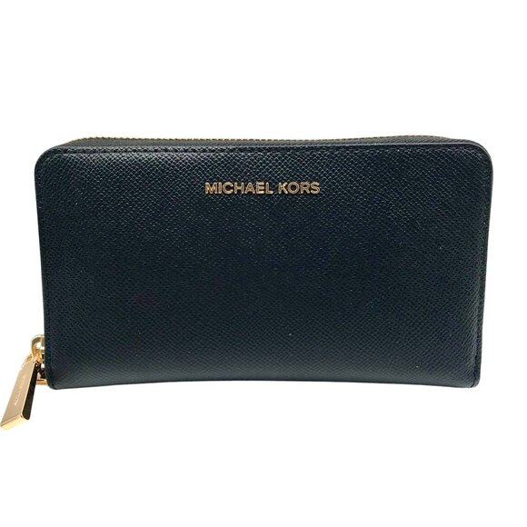 Michael Kors Black Leather Jet Set Large Flat Multifunction Smartphone Wristlet - Picture 1 of 12